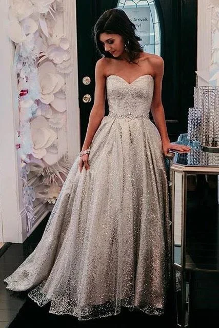 Sparkly Sweetheart Silver Long Prom Dresses Sequins Beads Formal Dresses STI15432