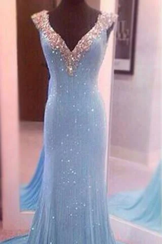 Largos Pretty V-Neck Sleeveless Sequins Mermaid Backless Floor-Length Long Prom Dresses Largos Pretty V-Neck Sleeveless Sequins Mermaid Backless Floor-Length Long Prom Dresses