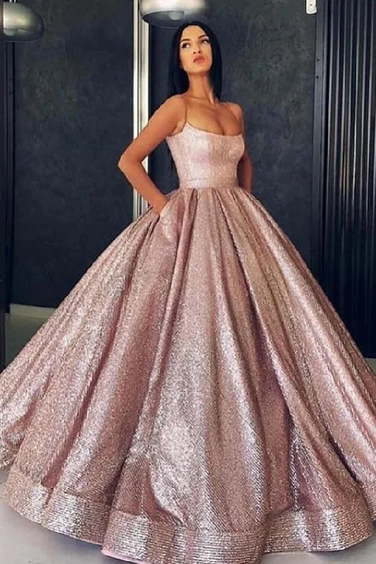 Princess Rose Gold Spaghetti Straps Sleeveless Ball Gown Prom Dress with Pockets