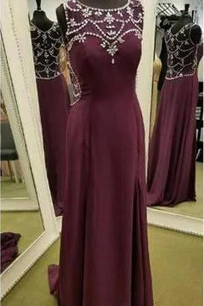 Modest Burgundy Sleeveless Long Chiffon Prom Dress