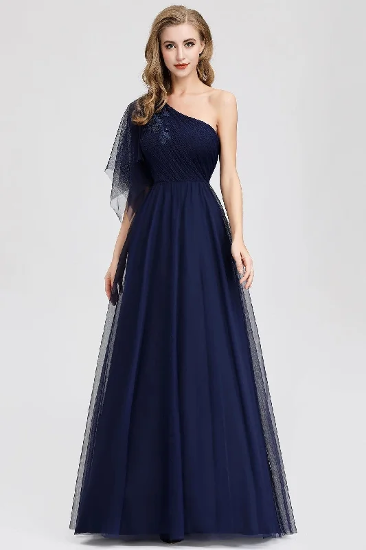 Simple A Line One Shoulder Navy Blue Tulle Prom Dresses Cheap Formal Dresses STI15382 Simple A Line One Shoulder Navy Blue Tulle Prom Dresses Cheap Formal Dresses STI15382