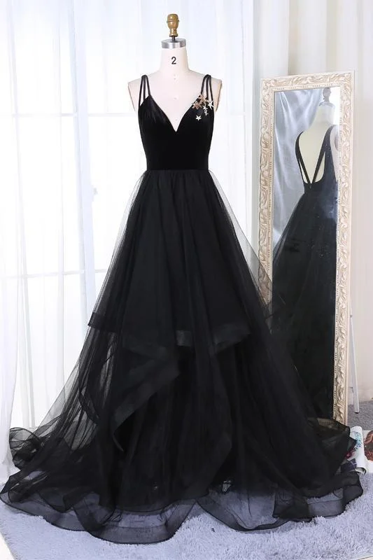 New Arrival A-Line V-Neck Black Velvet Up Tulle Backless Sleeveless Long Prom Dresses New Arrival A-Line V-Neck Black Velvet Up Tulle Backless Sleeveless Long Prom Dresses
