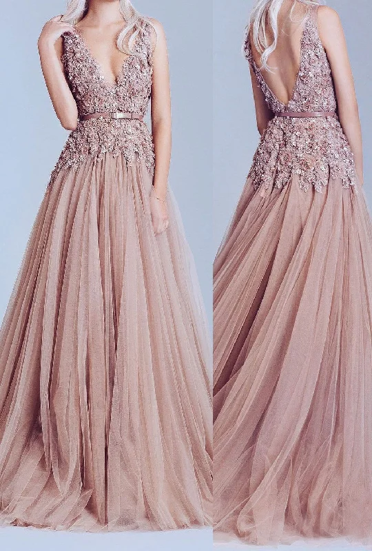 New Fashion Dusty Pink Tulle Off Shoulder Lace Long Elegant Party Prom Dress
