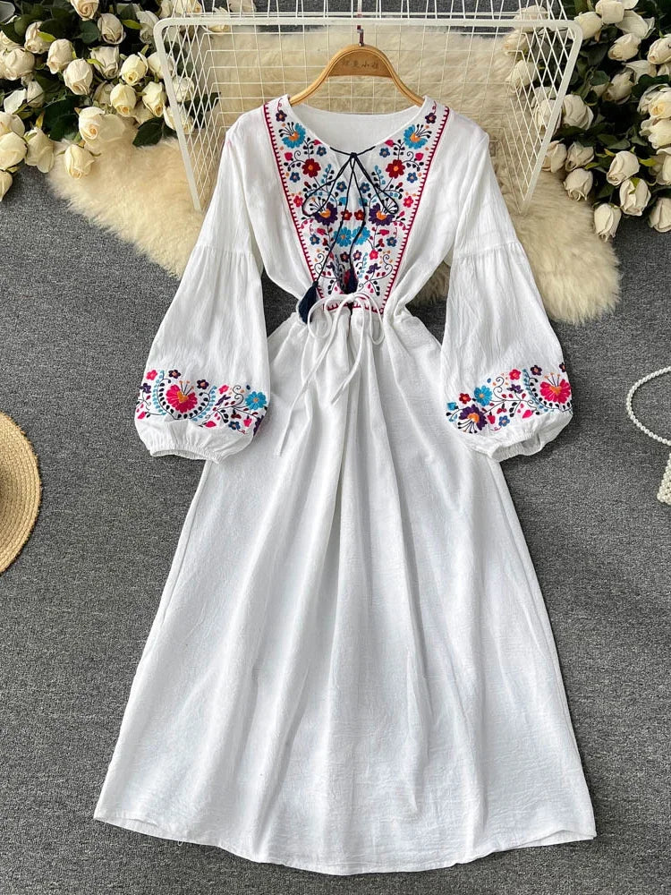 Znbbw Style Retro Embroidered Dress Women's Mid-length Waist Slim Lantern Sleeves Literary Gentle A-line Vestidos Women D1031 Znbbw Style Retro Embroidered Dress Women's Mid-length Waist Slim Lantern Sleeves Literary Gentle A-line Vestidos Women D1031
