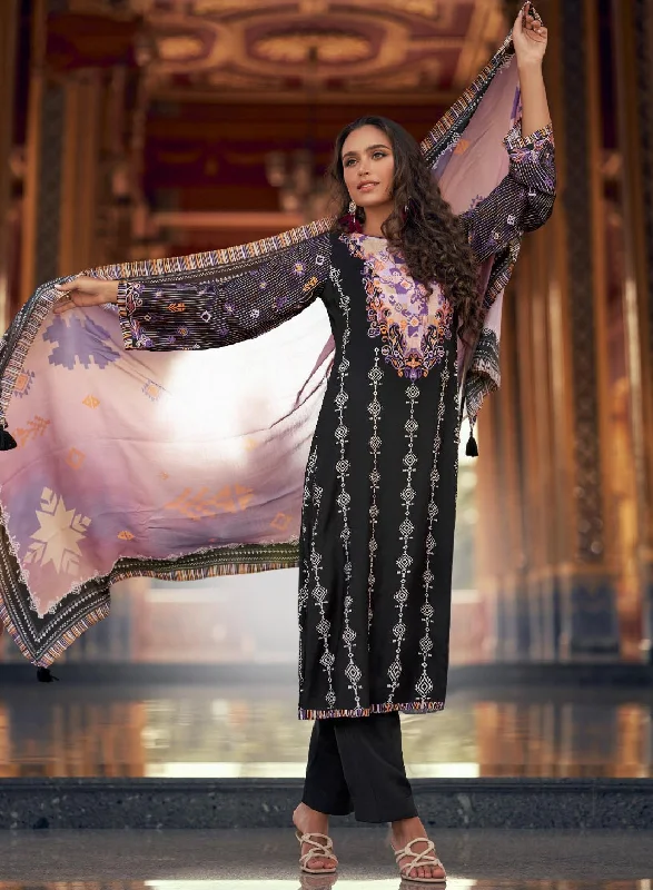 Black Pure Muslin Silk Unstitched Suit Dress Material for Women