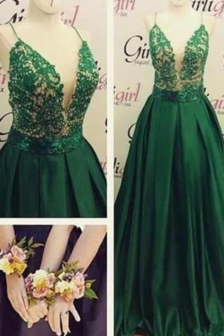 High Quality V-Neck Spaghetti Strap Backless Sexy Green Long Sparkle Prom Dresses