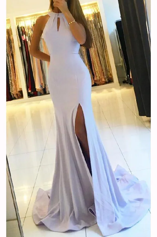 Mermaid Halter Blue Open Back Sleeveless Prom Dresses with Slit Long Dance Dresses