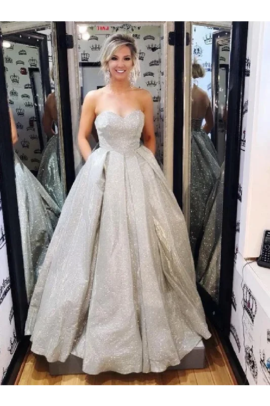 Sparkly A-Line Sweetheart Silver Long Prom Dress With STIPEPZAMT8