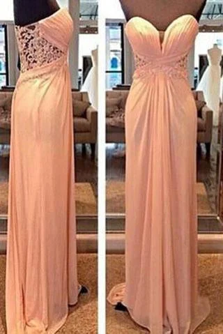 Lace See Through Blush Pink Sweetheart Strapless Open Back A-Line Long Prom Dresses