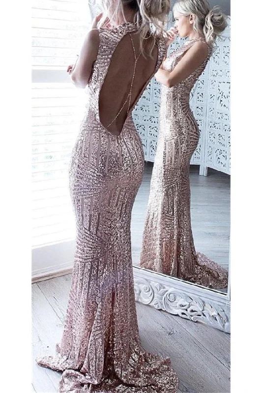 Sparkly Rose Gold Long Sheath Mermaid Open Back Prom Dresses PBM9B2FM