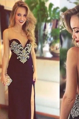 Sexy V-Neck Floor Length Long Backless Strapless Tulle with Slit Beading Prom Dresses