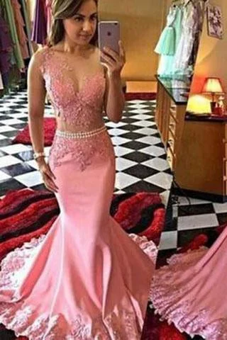 Pink Mermaid Long Illusion Bodice Applique Pearls Sheer Satin Sleeveless Prom Dresses Pink Mermaid Long Illusion Bodice Applique Pearls Sheer Satin Sleeveless Prom Dresses