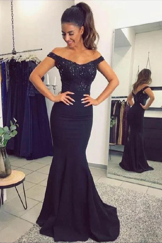 Mermaid Off the Shoulder Navy Blue Sweetheart Prom Dresses with Sequins