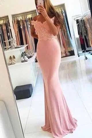 Off-the-Shoulder Mermaid Sexy Blush Pink Sweetheart Appliques Long Prom Dresses