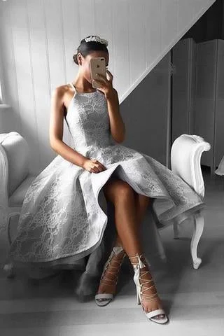 New Arrival A-Line Halter High-Low Long Prom Dress with Lace Prom Dresses