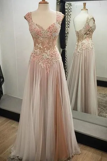 Noble A-line V-neck Tulle with Appliques Lace Sweetheart Open Back Long Prom Dresses Noble A-line V-neck Tulle with Appliques Lace Sweetheart Open Back Long Prom Dresses
