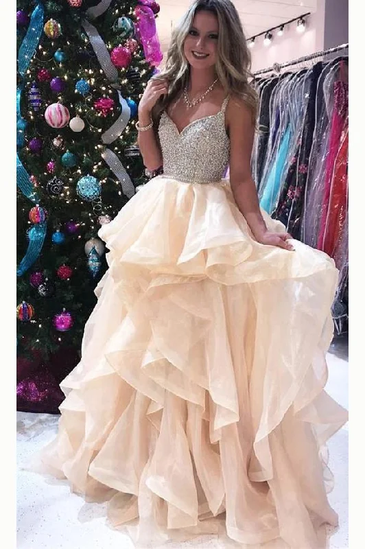 Princess Luxurious Spaghetti Straps V-Neck Beading Bodice Tulle Long Prom Dress with Layers Princess Luxurious Spaghetti Straps V-Neck Beading Bodice Tulle Long Prom Dress with Layers