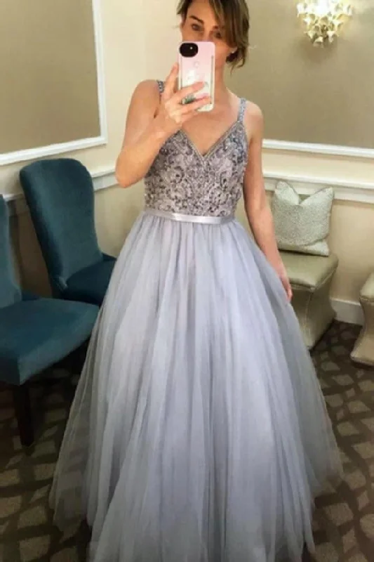 Spaghetti Straps V Neck Tulle Dress For Prom Dresses PDLN61Q5