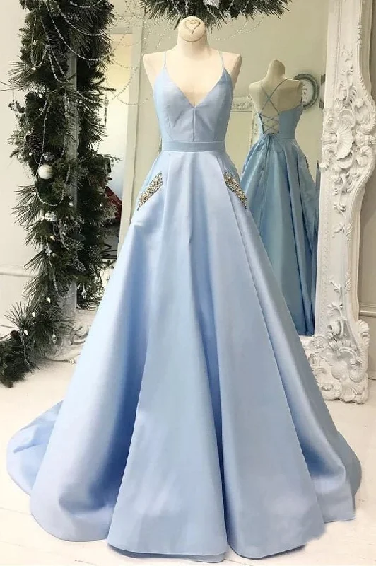 Simple V Neck Sky Blue Satin Long Prom Dresses with Pockets Beading, Formal Dresses STI15404 Simple V Neck Sky Blue Satin Long Prom Dresses with Pockets Beading, Formal Dresses STI15404