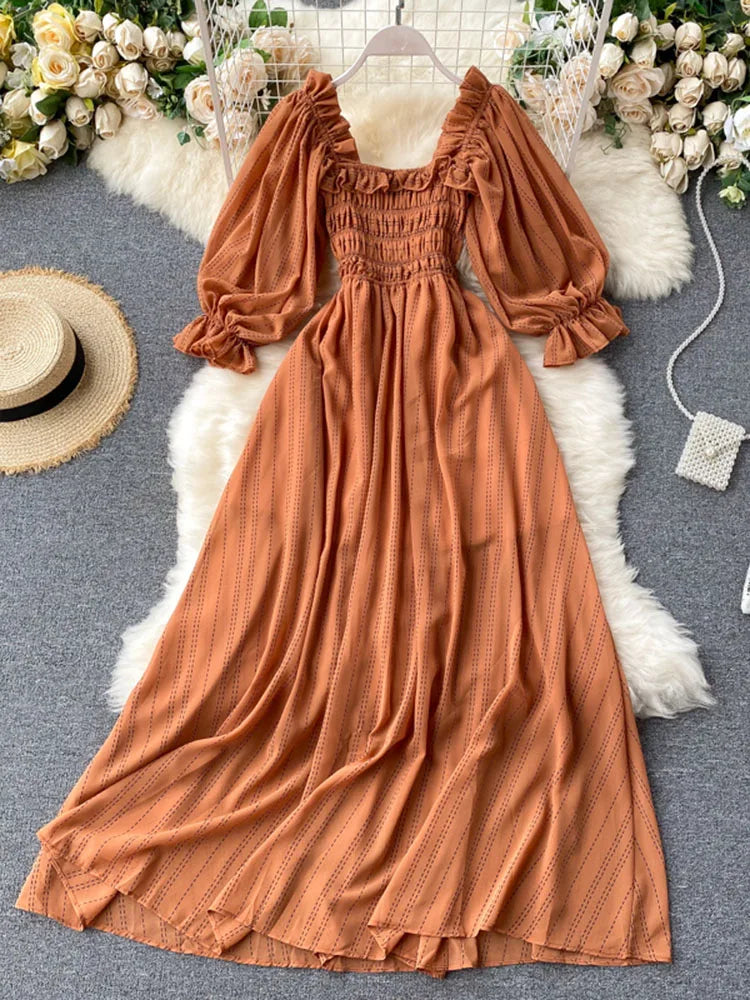 Znbbw Women's Dress New Square Collar Wooden Ear Bubble Sleeve Dress Korean Style Waist Slim Chiffon Female Dresses LL087 Znbbw Women's Dress New Square Collar Wooden Ear Bubble Sleeve Dress Korean Style Waist Slim Chiffon Female Dresses LL087