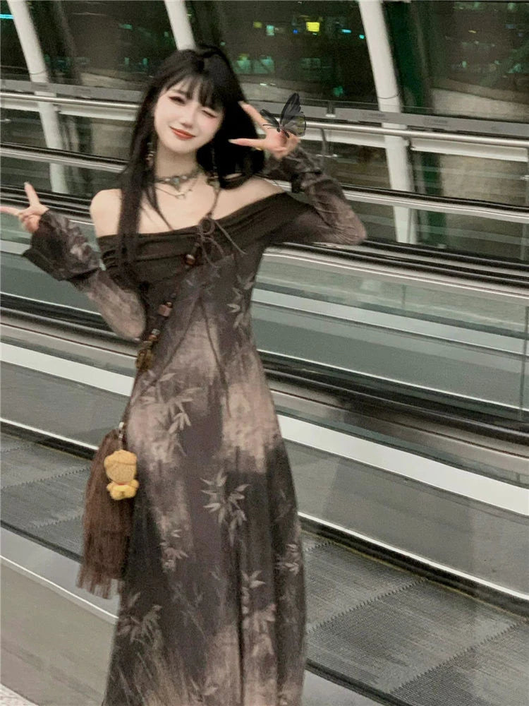 Elegant Casual Women Vintage Letter Dresses Slash Neck Long Sleeve Grunge Dress Fashion Off Shoulder Sweet Y2k Vestido De Mujer Elegant Casual Women Vintage Letter Dresses Slash Neck Long Sleeve Grunge Dress Fashion Off Shoulder Sweet Y2k Vestido De Mujer