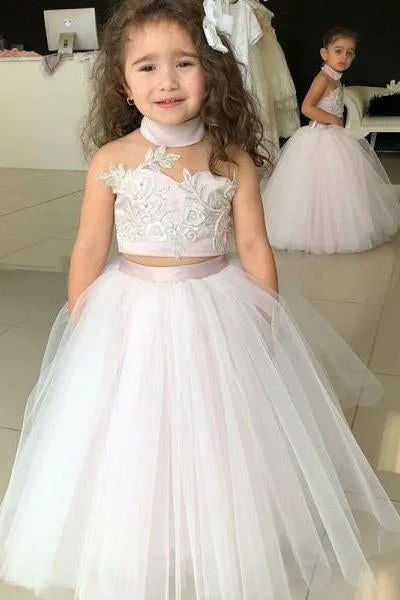 Simple Two Piece Ball Gown Halter Blush Pink Flower Girl Dresses with Appliques