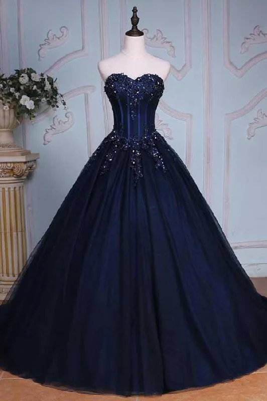 Princess Ball Gown Sweetheart Navy Blue Beads Ruffles Long Tulle Prom Dresses with Lace up