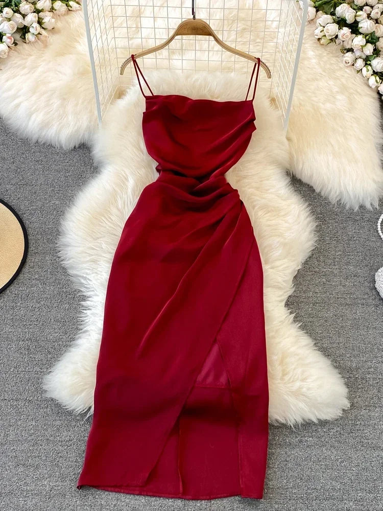 Znbbw Women Summer Dress Vintage High-waisted Slim Suspender Pleated Sleeveless Backless A-line Dress Elegant Split Dress D3196 Znbbw Women Summer Dress Vintage High-waisted Slim Suspender Pleated Sleeveless Backless A-line Dress Elegant Split Dress D3196