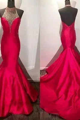 New Arrival Modest Beaded Halter Long Satin Fuchsia Mermaid Prom Dresses with Open Back New Arrival Modest Beaded Halter Long Satin Fuchsia Mermaid Prom Dresses with Open Back