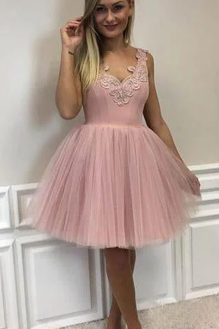 Mini Blush Pink Short Homecoming Dresses with V Neck Appliqued Tulle Prom Dresses