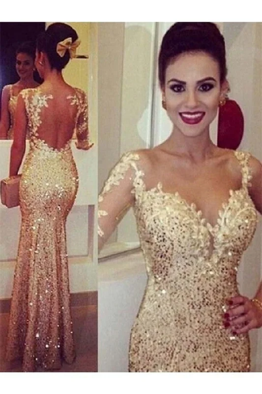 Scoop Mermaid Prom Dresses Sequins With Applique Floor Length P3FTFGBY