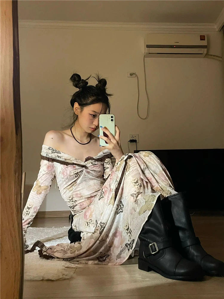 Getadme 2024 New Women French Style Vintage One Line Neck Lace Edge Dress Korean Fashion Flare Sleeve Print Irregular Hem Dresses Chic Getadme 2024 New Women French Style Vintage One Line Neck Lace Edge Dress Korean Fashion Flare Sleeve Print Irregular Hem Dresses Chic