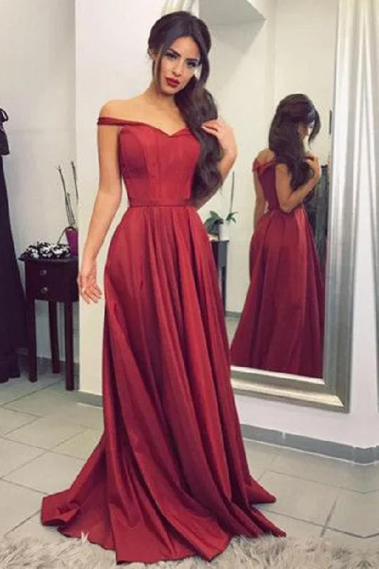 Satin Off the Shoulder A-line Sweep Train Sashes Sweetheart Burgundy Prom Dresses STI13450 Satin Off the Shoulder A-line Sweep Train Sashes Sweetheart Burgundy Prom Dresses STI13450