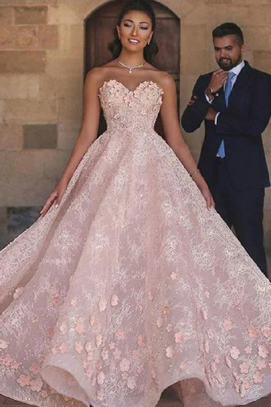 Princess Sexy A-Line Sweetheart Strapless Pink Beaded Lace Prom Dress with Appliques Princess Sexy A-Line Sweetheart Strapless Pink Beaded Lace Prom Dress with Appliques