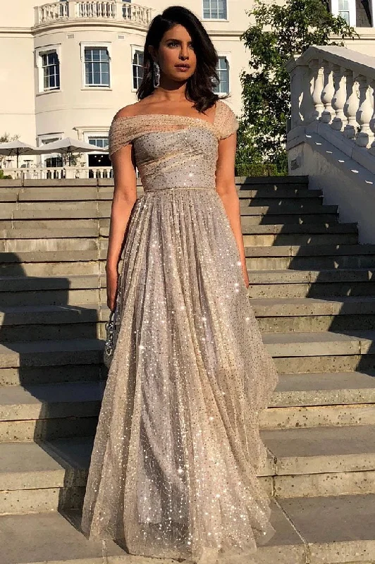 Sparkly A Line Off the Shoulder Prom Dresses with V Back, Long Dance Dresses STI15600 Sparkly A Line Off the Shoulder Prom Dresses with V Back, Long Dance Dresses STI15600