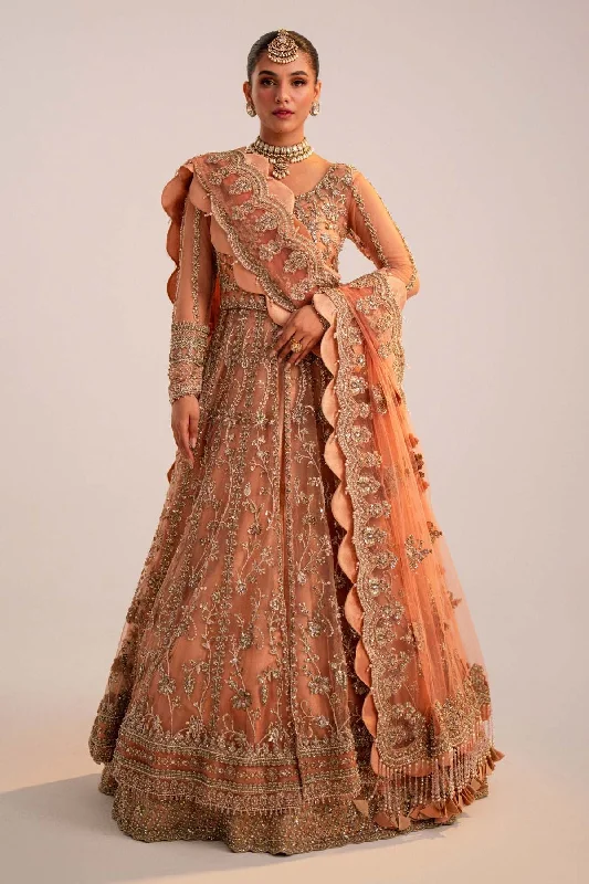 Pakistani Bridal Dress in Peach Lehenga Pishwas Style