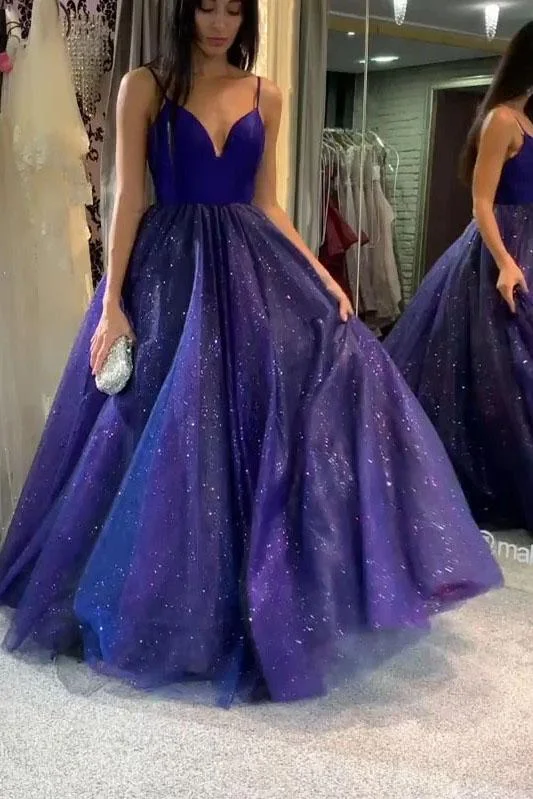 Sparkly Dark Royal Blue Spaghetti Straps V Neck A line Prom Dresses, Formal STI20479 Sparkly Dark Royal Blue Spaghetti Straps V Neck A line Prom Dresses, Formal STI20479
