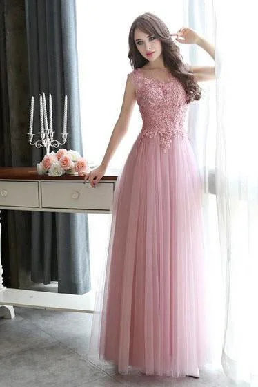Modest Scoop Neck Tulle Pearl Detailing Lace-up Floor-length Sleeveless Prom Dresses Modest Scoop Neck Tulle Pearl Detailing Lace-up Floor-length Sleeveless Prom Dresses