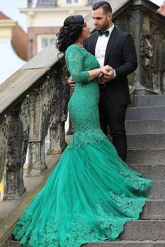 Sexy Green Mermaid V Neck Tulle Applique 3/4 Sleeves Sweep Train Plus Size Prom Dresses Sexy Green Mermaid V Neck Tulle Applique 3/4 Sleeves Sweep Train Plus Size Prom Dresses