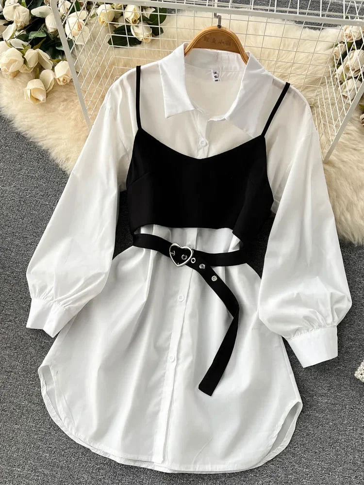 Znbbw Women Spring Sautumn Dresses Temperament and High-end Small Camisole Two-piece Set Collar Long-sleeved White Vestidos D1692 Znbbw Women Spring Sautumn Dresses Temperament and High-end Small Camisole Two-piece Set Collar Long-sleeved White Vestidos D1692