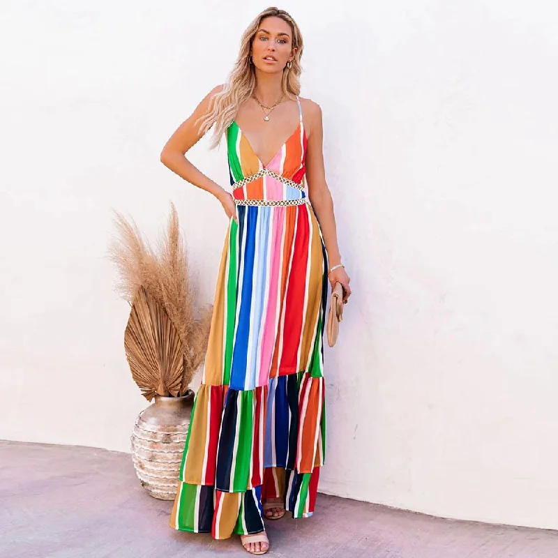BerriesJam - Colorful Striped Print Casual V-Neck Spliced Sexy Party Dress Tunics Chic elegant BerriesJam - Colorful Striped Print Casual V-Neck Spliced Sexy Party Dress Tunics Chic elegant