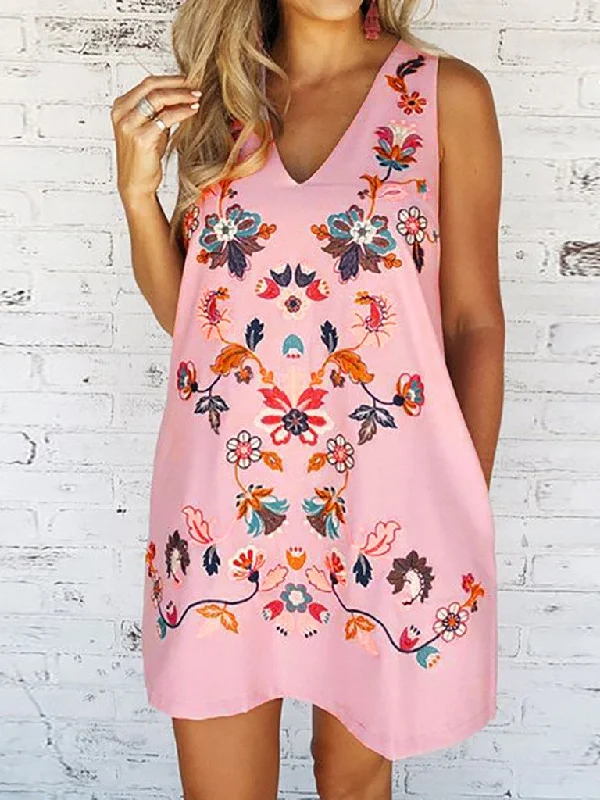 Floral Print Women Fashion V-neck Sleeveless Casual Loose Summer Loose A-line Party Dress Turtleneck Warm Winter Floral Print Women Fashion V-neck Sleeveless Casual Loose Summer Loose A-line Party Dress Turtleneck Warm Winter