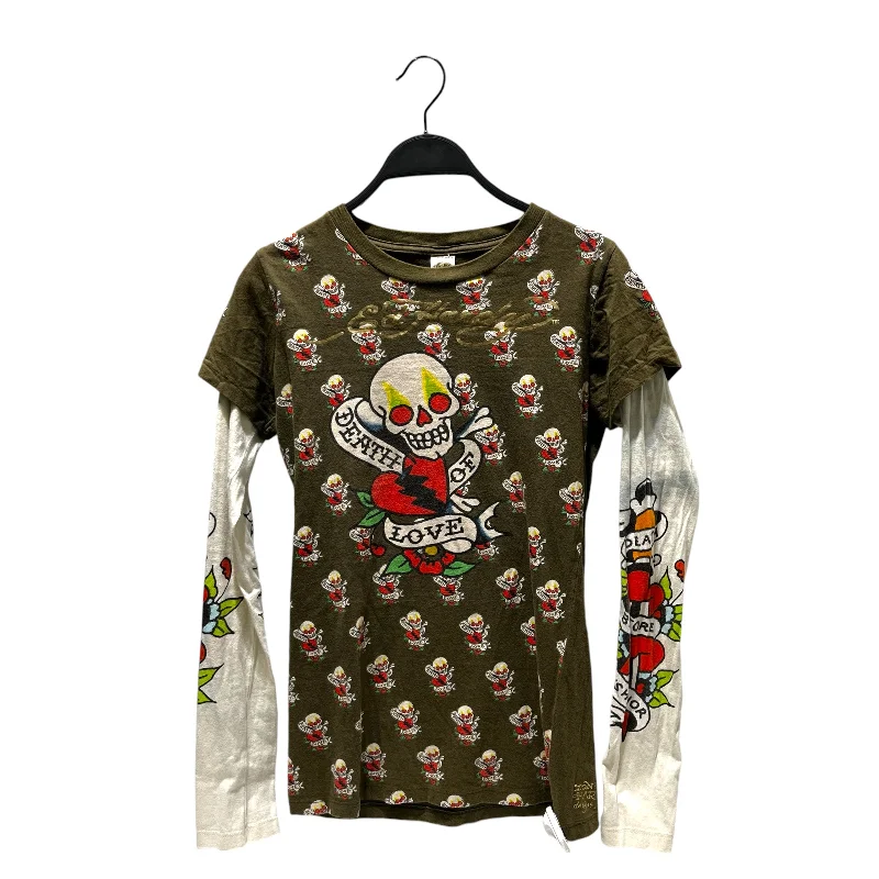 Ed Hardy/LS T-Shirt/L/All Over Print/Cotton/GRN/DEATH OF LOVE SKULL PRINT Boxy Fit Fitted Loose Ed Hardy/LS T-Shirt/L/All Over Print/Cotton/GRN/DEATH OF LOVE SKULL PRINT Boxy Fit Fitted Loose
