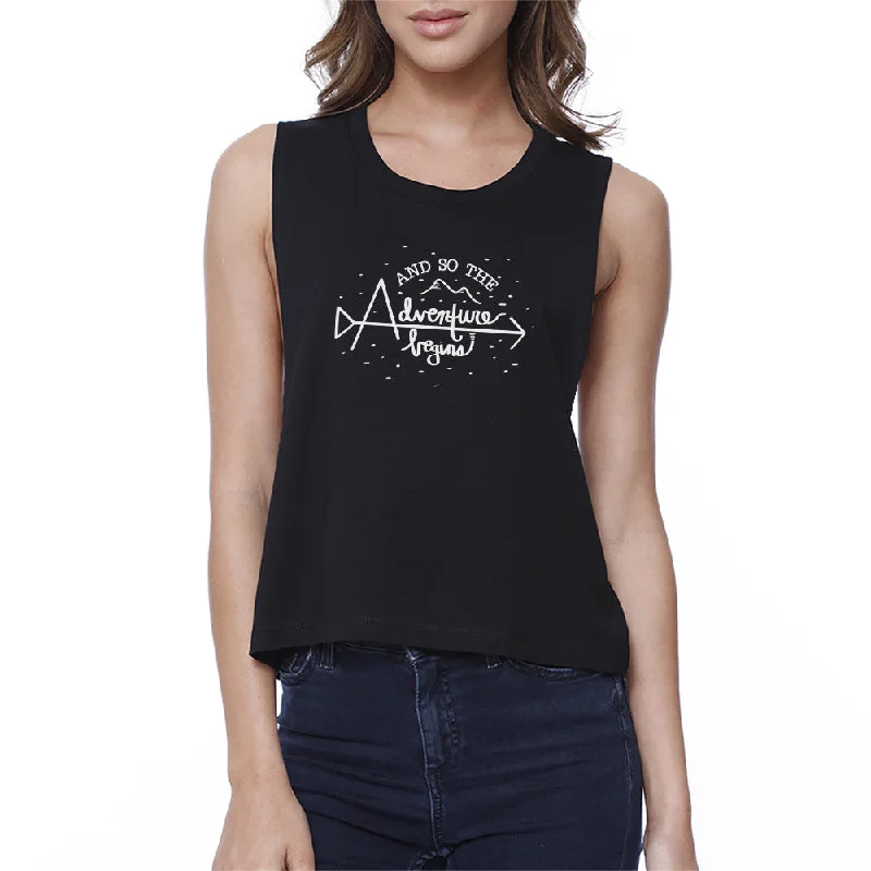 And So The Adventure Begins Womens Black Crop Top Ribbed Striped Patterned