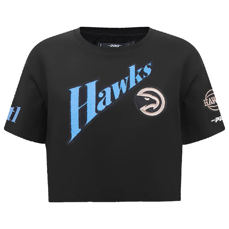 NBA ATLANTA HAWKS CITY EDITION 24-25 WOMEN'S SJ BOXY TEE (BLACK) Hooded Caped Shawl Collar NBA ATLANTA HAWKS CITY EDITION 24-25 WOMEN'S SJ BOXY TEE (BLACK) Hooded Caped Shawl Collar