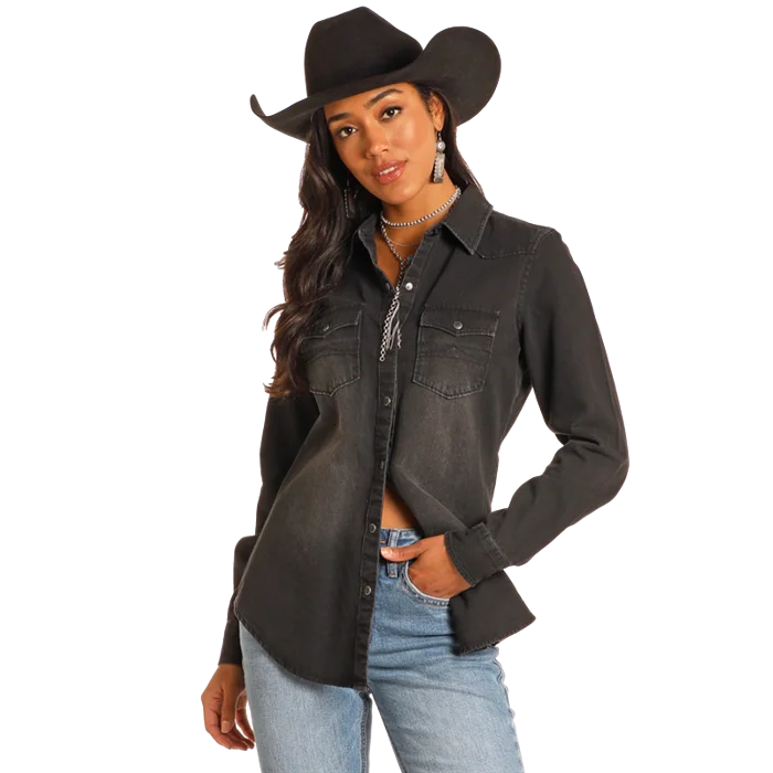 Black Denim Snap Front Shirt by Panhandle at Bourbon Cowgirl Iron Safe Non-Iron Wrinkle Free Black Denim Snap Front Shirt by Panhandle at Bourbon Cowgirl Iron Safe Non-Iron Wrinkle Free