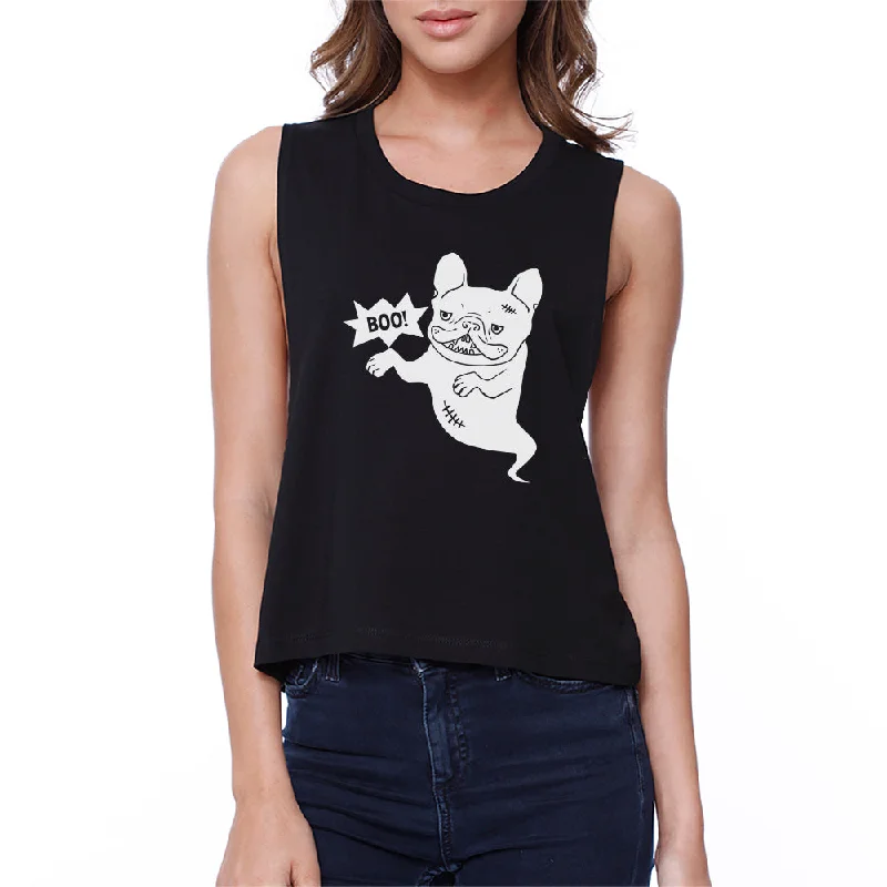 Boo French Bulldog Ghost Womens Black Crop Top Anti-Shrink Durable Soft