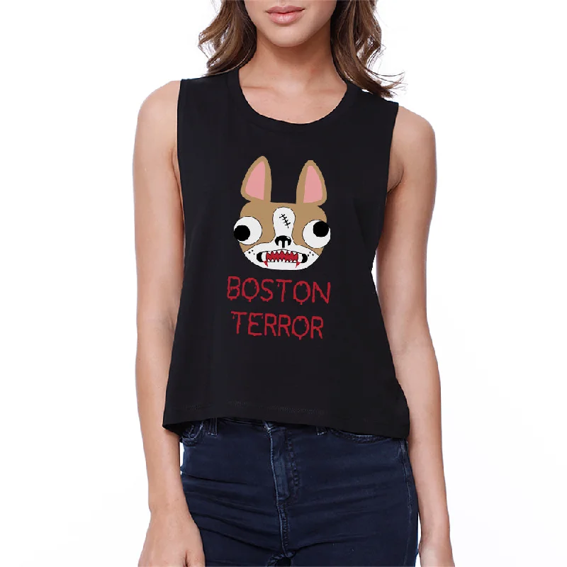 Boston Terror Terrier Womens Black Crop Top Casual Formal Business