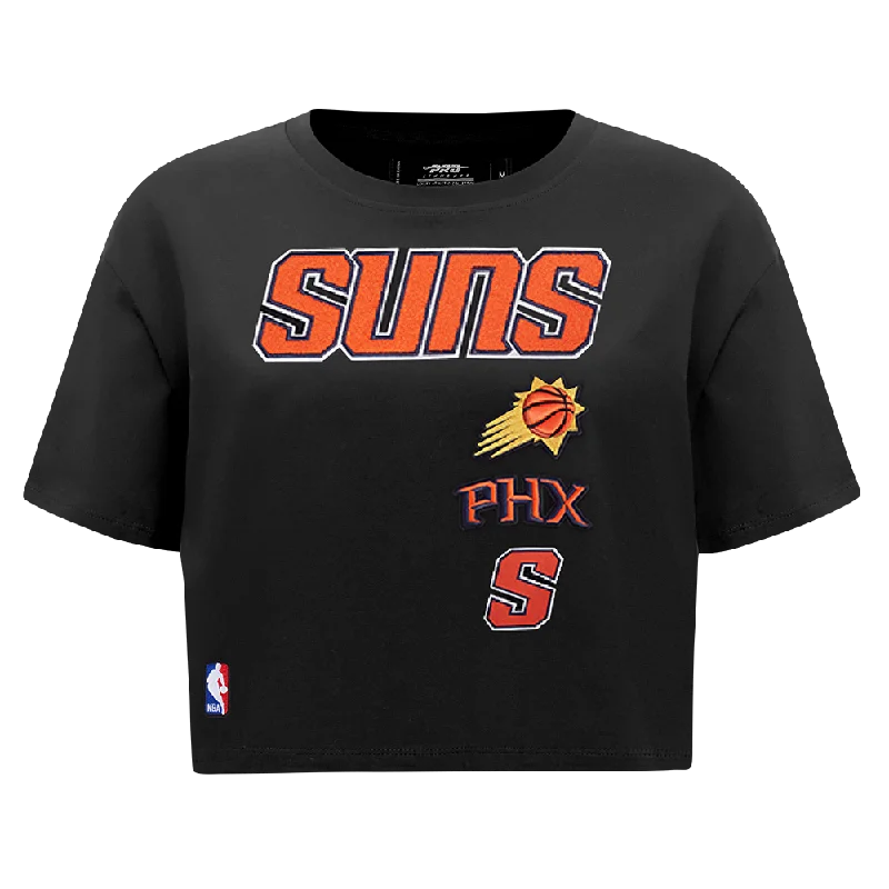 NBA PHOENIX SUNS RETRO CLASSIC WOMEN'S BOXY TEE (BLACK) Collared T-Shirt Boat Neck A-Line NBA PHOENIX SUNS RETRO CLASSIC WOMEN'S BOXY TEE (BLACK) Collared T-Shirt Boat Neck A-Line