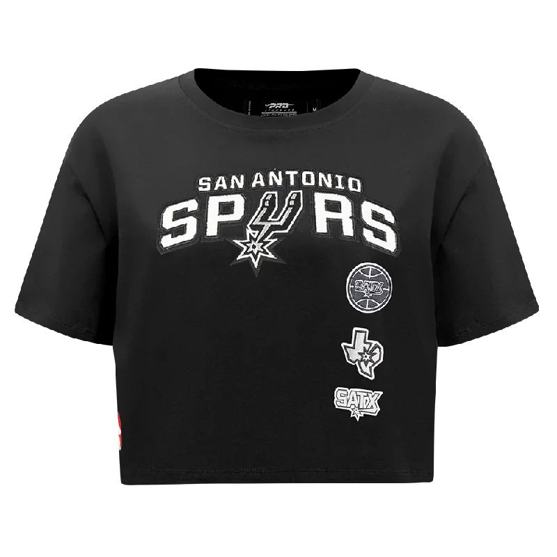 NBA SAN ANTONIO SPURS RETRO CLASSIC WOMEN'S BOXY TEE (BLACK) Embroidered Appliqued Beaded NBA SAN ANTONIO SPURS RETRO CLASSIC WOMEN'S BOXY TEE (BLACK) Embroidered Appliqued Beaded